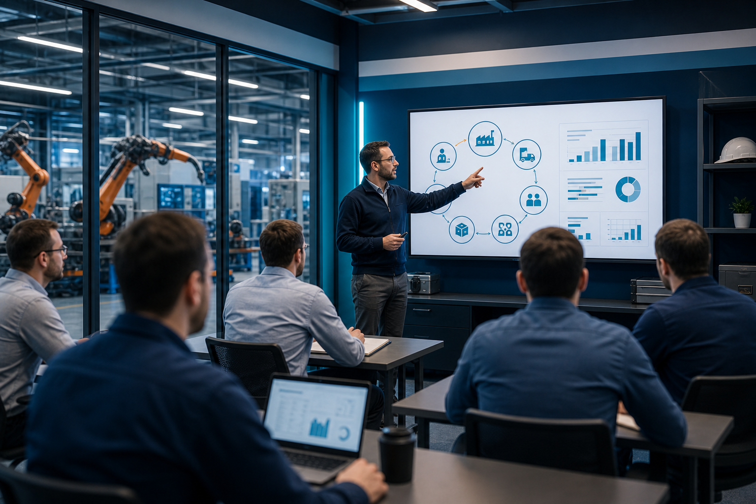 Industrial consultant reviewing technical publication material and dashboards