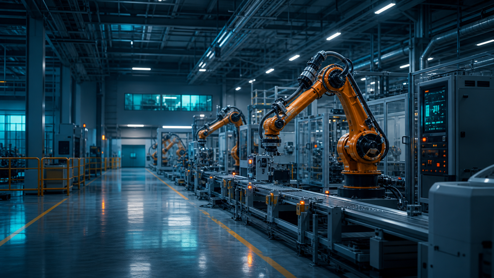 Robotik üretim hattı ve endüstriyel otomasyon görseli